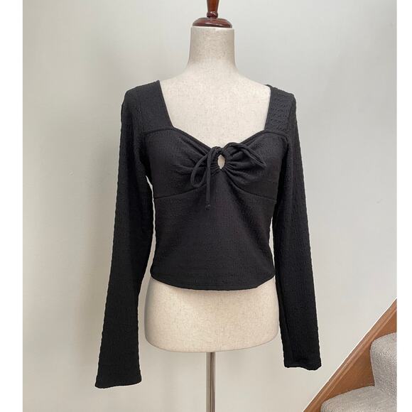 Kirious Nordstrom Top Womens L Black Tie Front Cinch Sweetheart Neck Long Sleeve - Picture 1 of 11